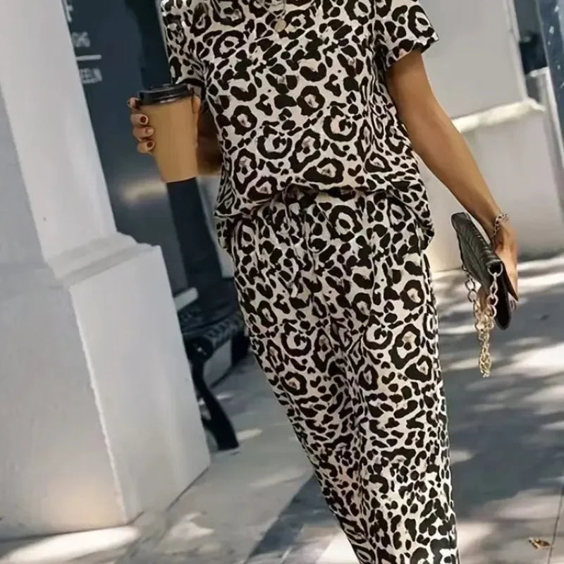 Leopard Print Casual Summer Tops and Shorts Set for Women - Stylish O Neck Short Sleeve 2 Piece Outfit