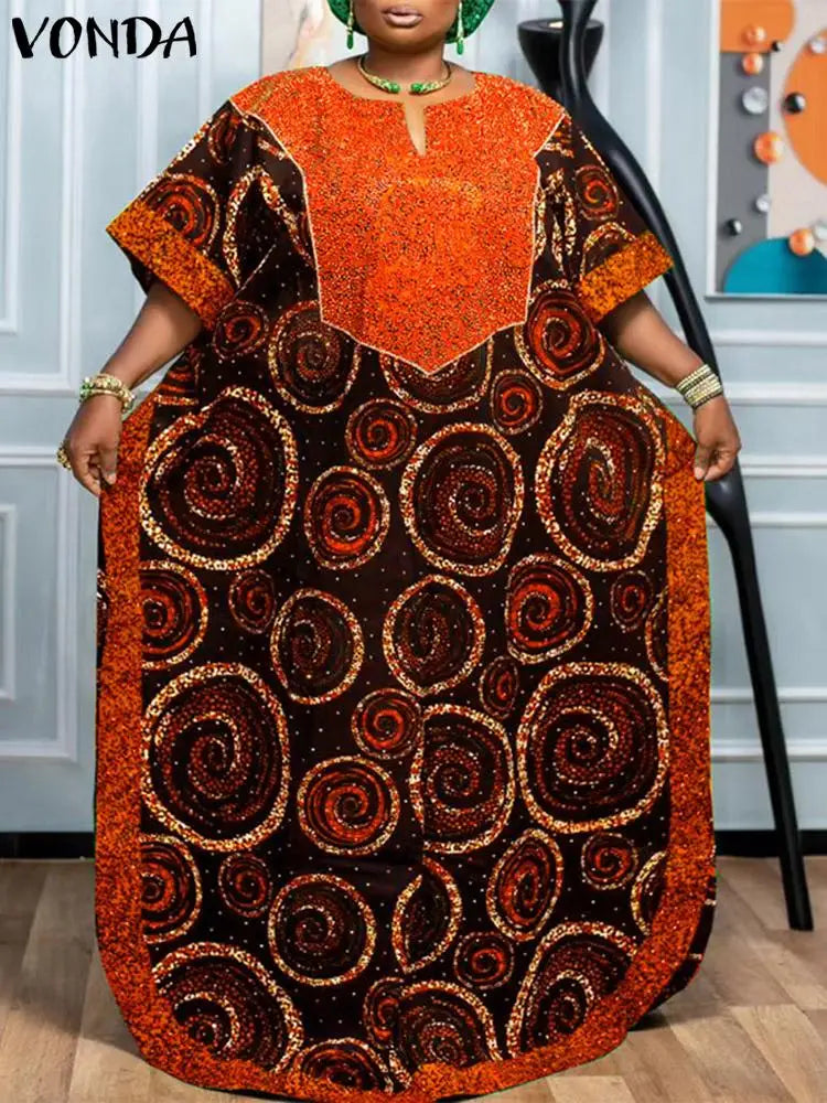 Bohemian Maxi Dress With Printed V Neck Bat Sleeve Casual