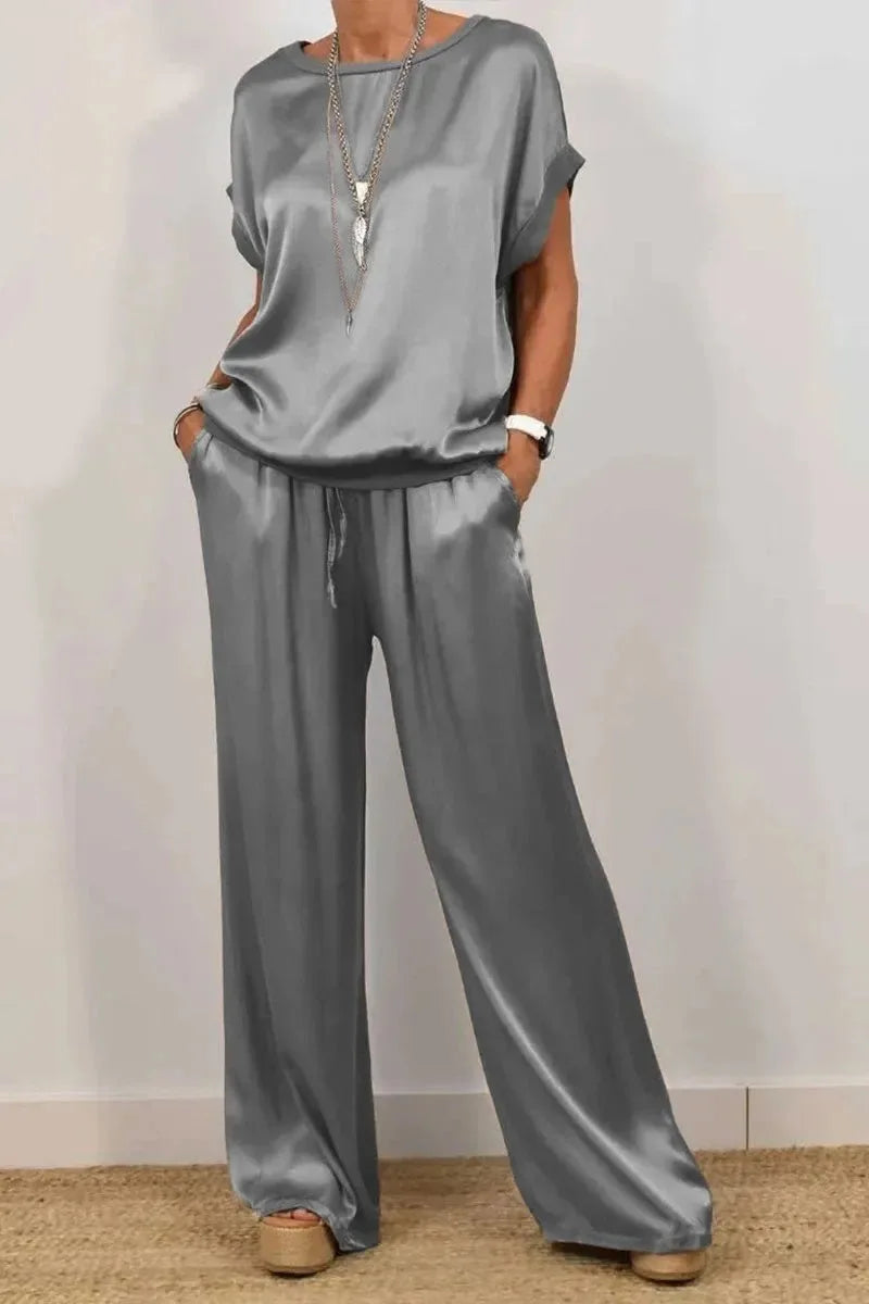 Smooth Satin Two Piece Set Women's Casual Outfit with O-neck Short Sleeve Top and Wide Leg Pant