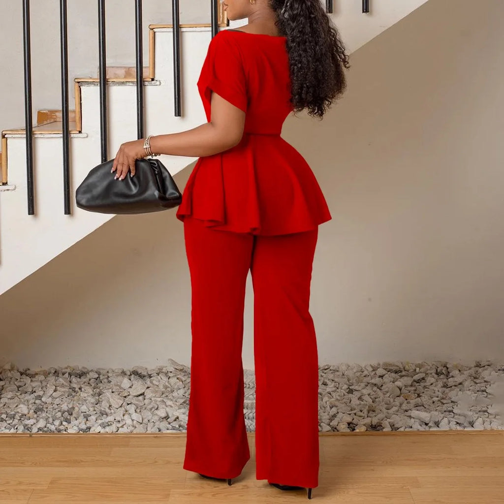 Women's Elegant 2 Piece Pants Set with Solid Blouse Short Sleeve O Neck and Long Trousers