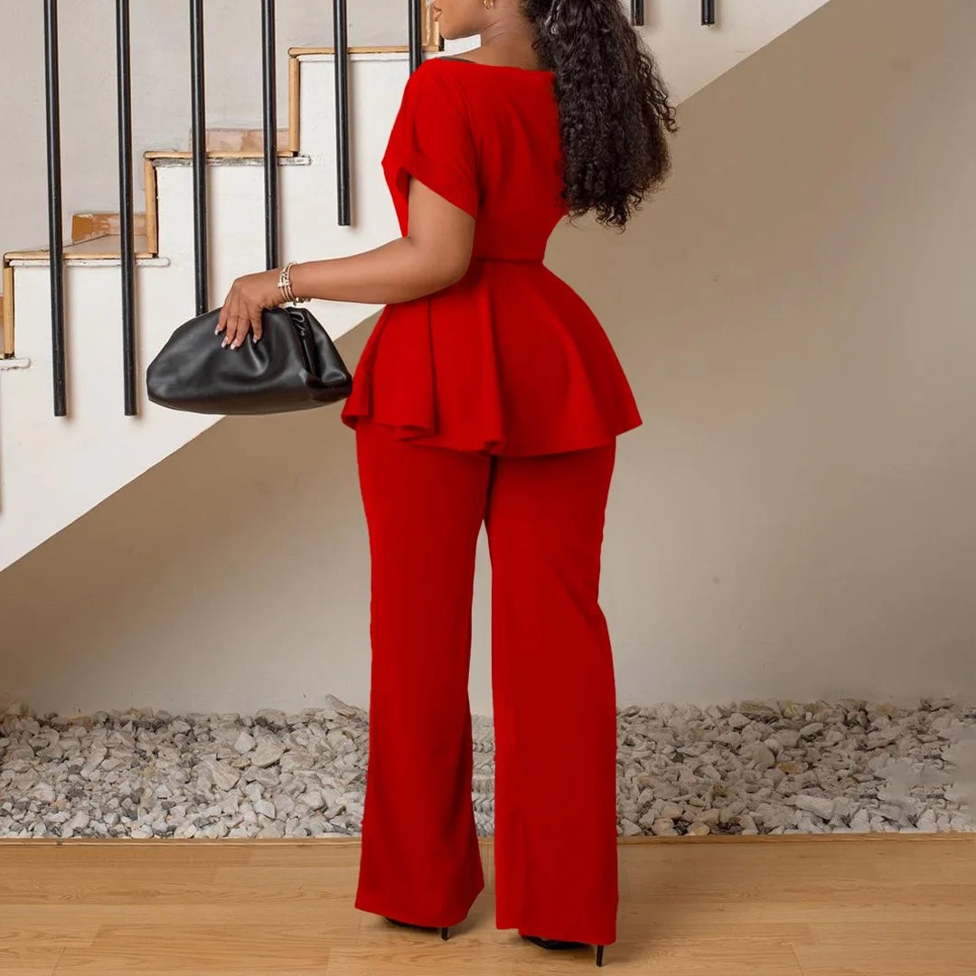 Women's Elegant 2 Piece Pants Set with Solid Blouse Short Sleeve O Neck and Long Trousers