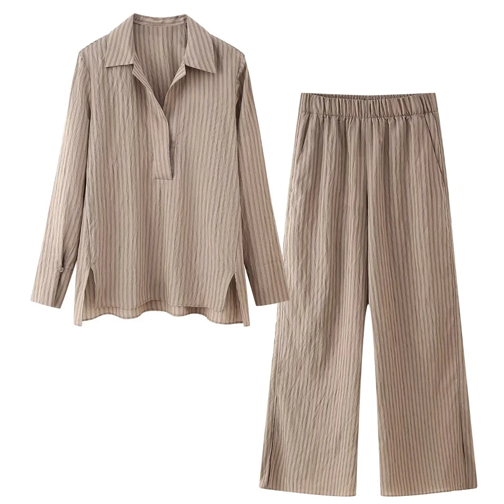 Women's Casual Striped Shirt and Elastic Waist Wide Leg Pants Relaxing Set