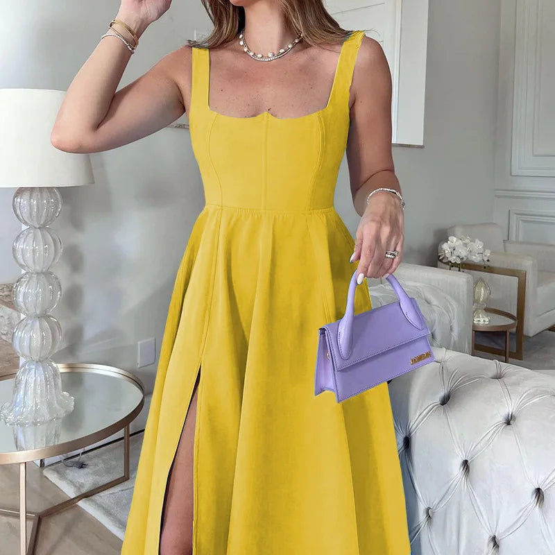 Spaghetti Strap Midi Dress With Side Slit And High Waist