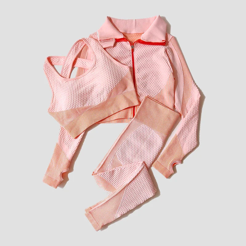 Seamless Women Yoga Suit with High Waist Leggings and Long Sleeve Crop Top Fitness Set