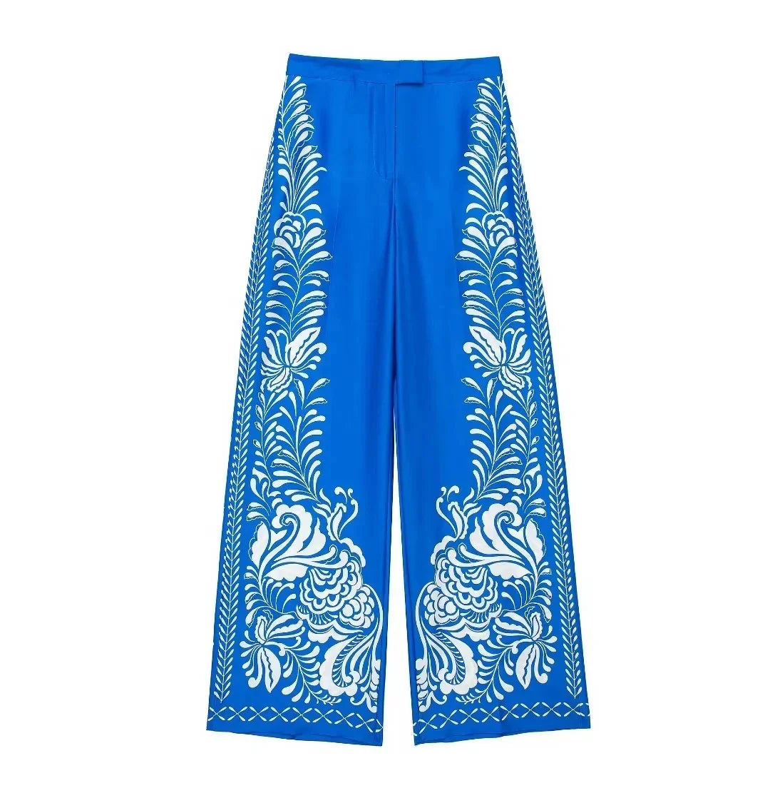 Women's Vintage Printed Casual Set with Long Sleeve Blouse and Straight Leg Pants