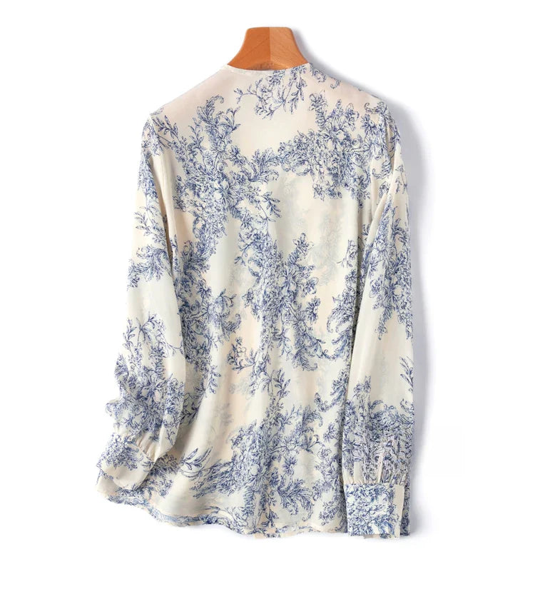 Women 100 Percent Mulberry Crepe Silk Shirt White Floral Button Down Long Sleeve Blouse Elegant Office Top M L XL