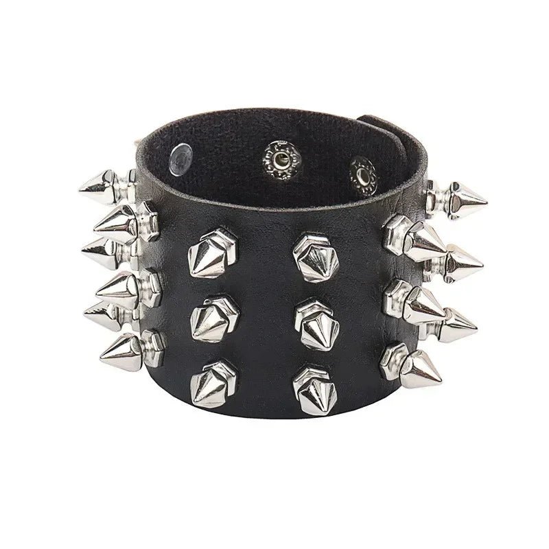 PU Leather Studded Gothic Cuff Bracelet Adjustable Punk Rivet Wristband for Men and Women