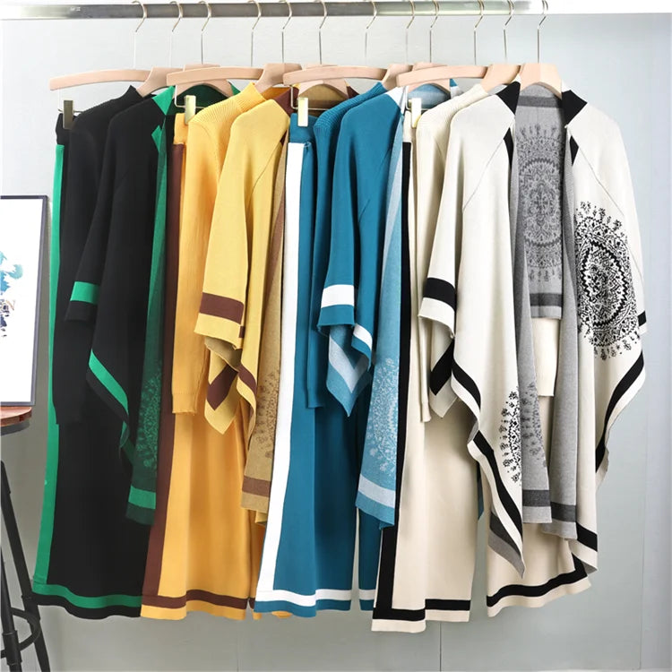 Knit Shawl Sweater Three Piece Set for Women with Loose Wide Leg Pants and Casual Jacket in Solid Colors for Autumn and Winter Wear