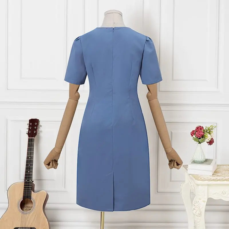 Elegant Women Office Dress V Neck Solid Color Short Sleeve