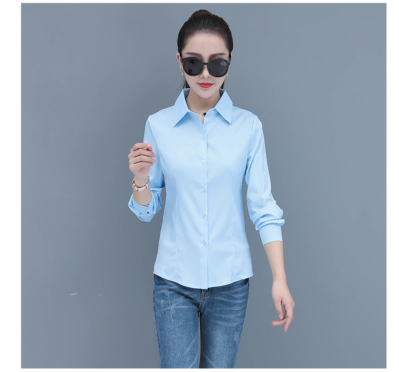 Elegant Slim Fit Blue Long Sleeve Blouse for Women Formal Office Shirt Basic Workwear Top