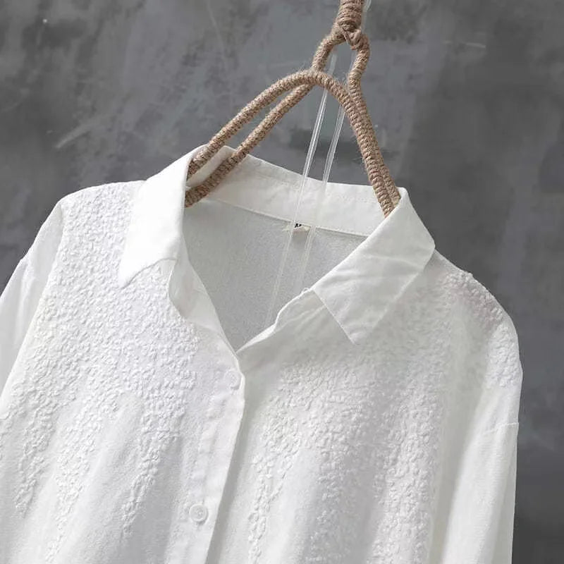 Cotton White Embroidered Long Sleeve Women's Shirt with Lapel Collar and Button Detail Casual Fashion Blouse for Everyday Wear