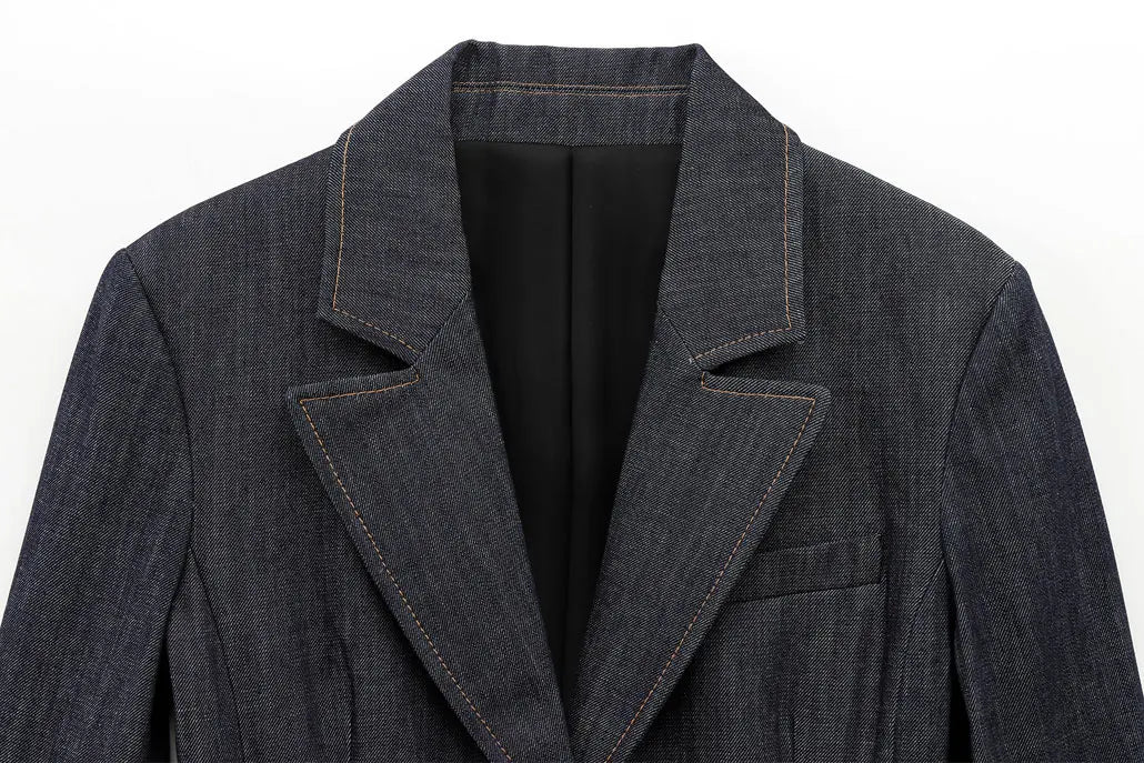 Women's Denim Jacket and Pants Set with Long Sleeve Blazer, Strapless Vest, and Straight Leg Jeans Fashion Outfit