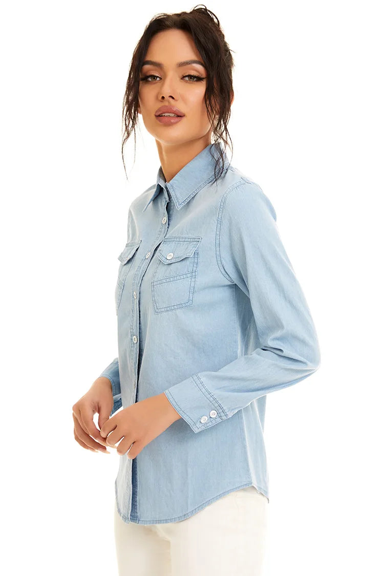 Light Blue Slim Fit Cotton Denim Shirt for Women Long Sleeve Casual Thin Jeans Blouse Top