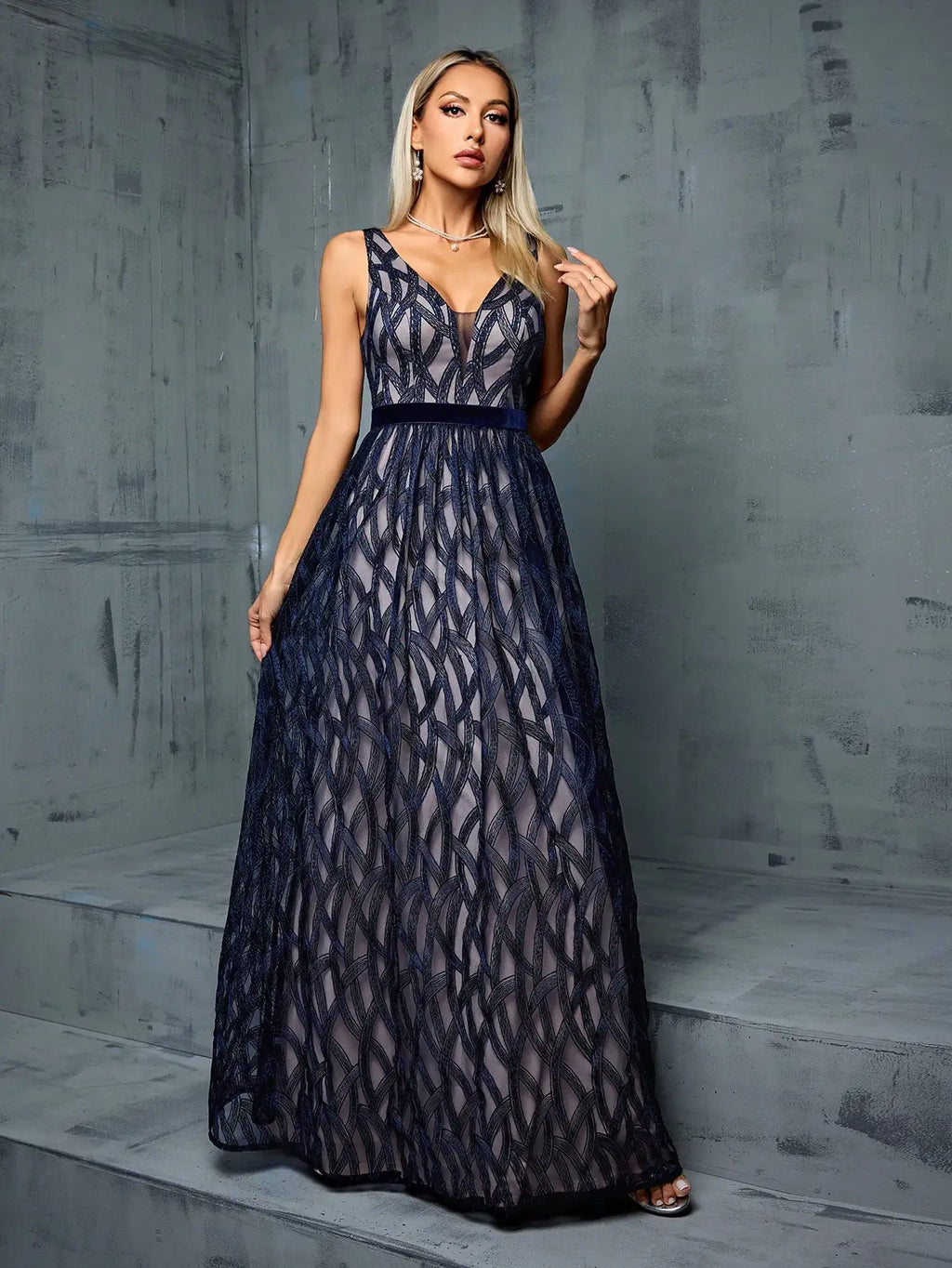V Neck Embroidered Lace Ball Gown With Contrasting Skirt