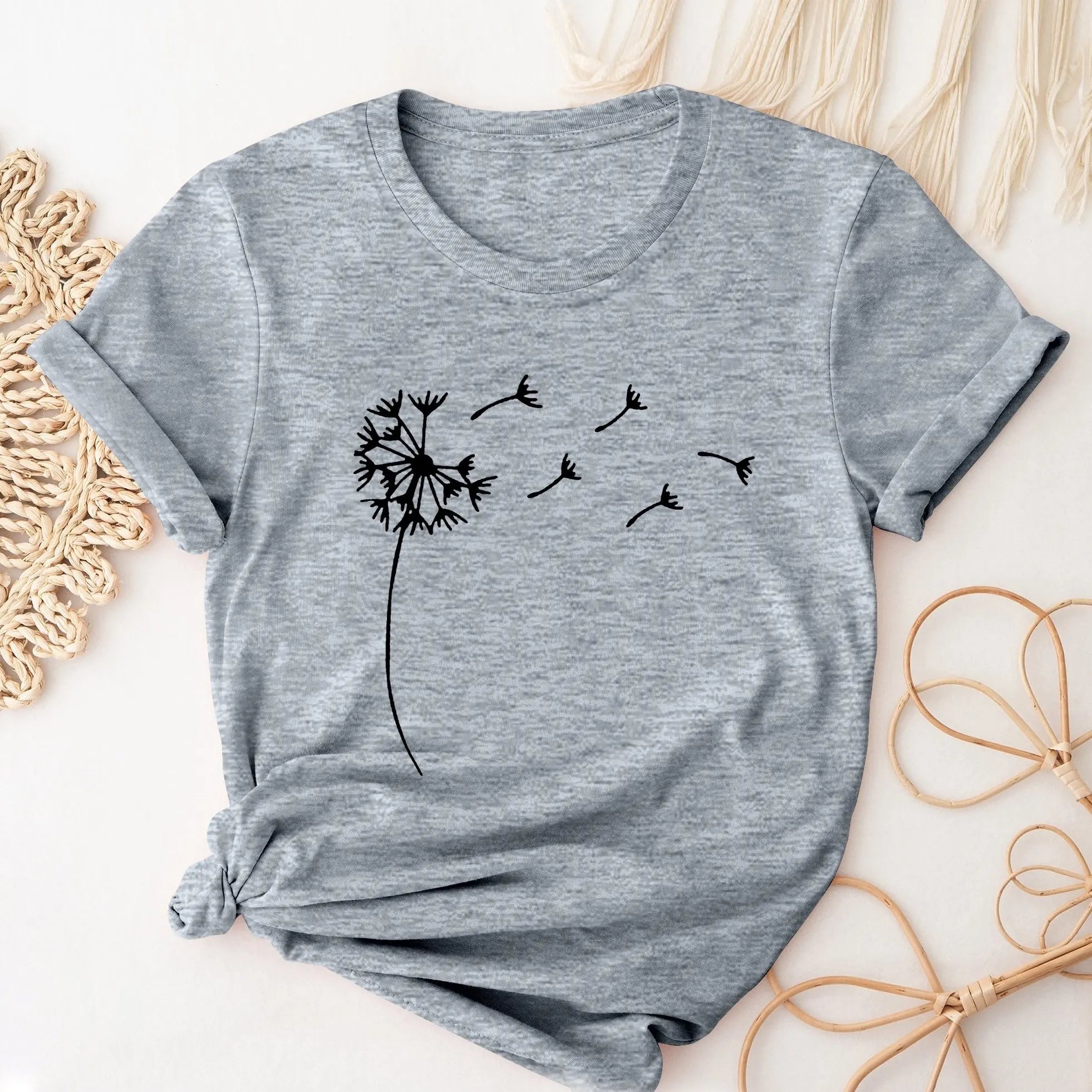 Dandelion Print Casual Crew Neck T-Shirt for Women, Short Sleeve Spring and Summer Top