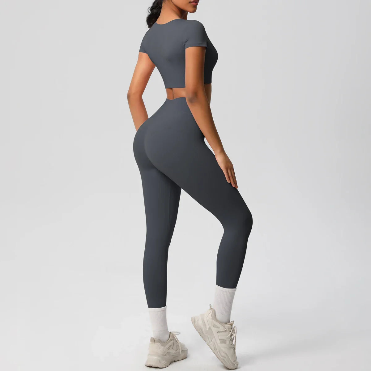 Yoga Set for Women Fitness Sportswear with Short Sleeve Top and High Waist Leggings