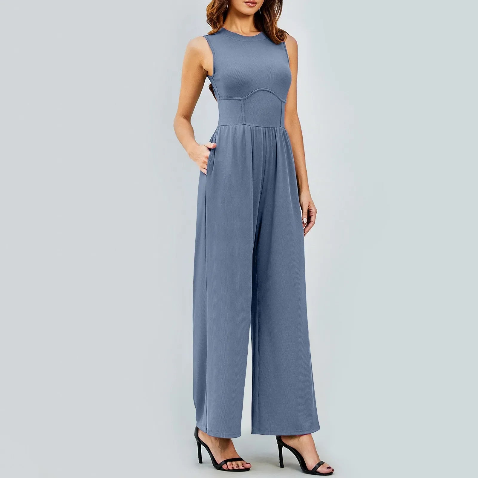 Women Sleeveless High Neck Ribbed Tank Top Jumpsuit Wide Leg Pants Romper with Tummy Control and High Waist Casual Summer Outfit