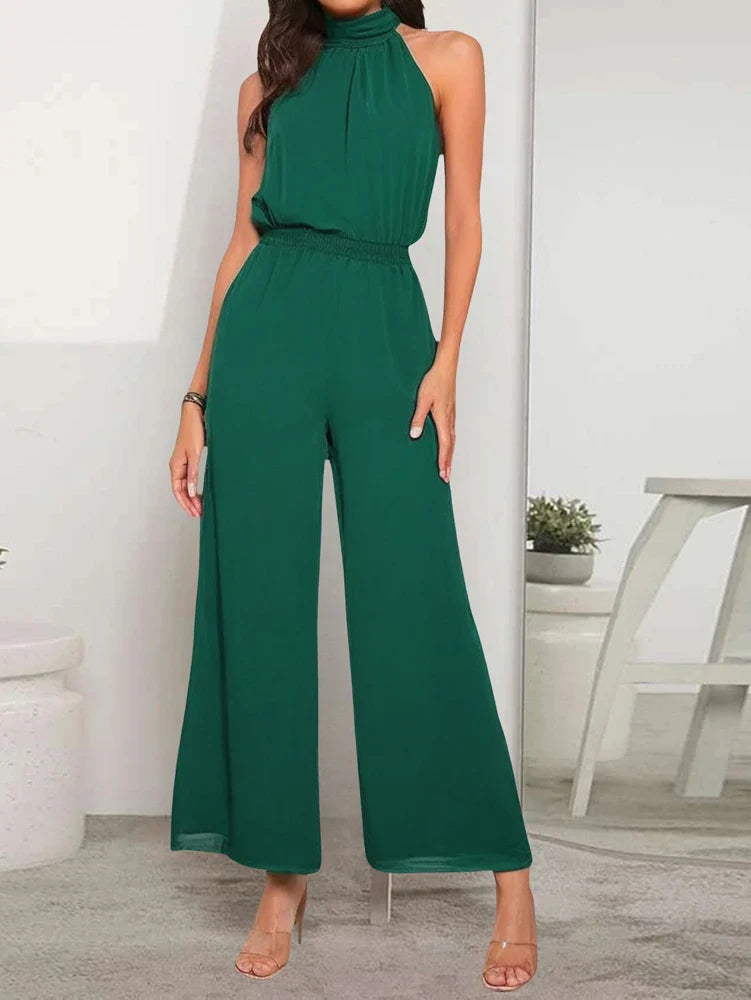 Women's Casual Solid Color Sleeveless Wide-Leg Chiffon Jumpsuit with Hanging Neck and High Waist Ankle-Length Pants for Summer