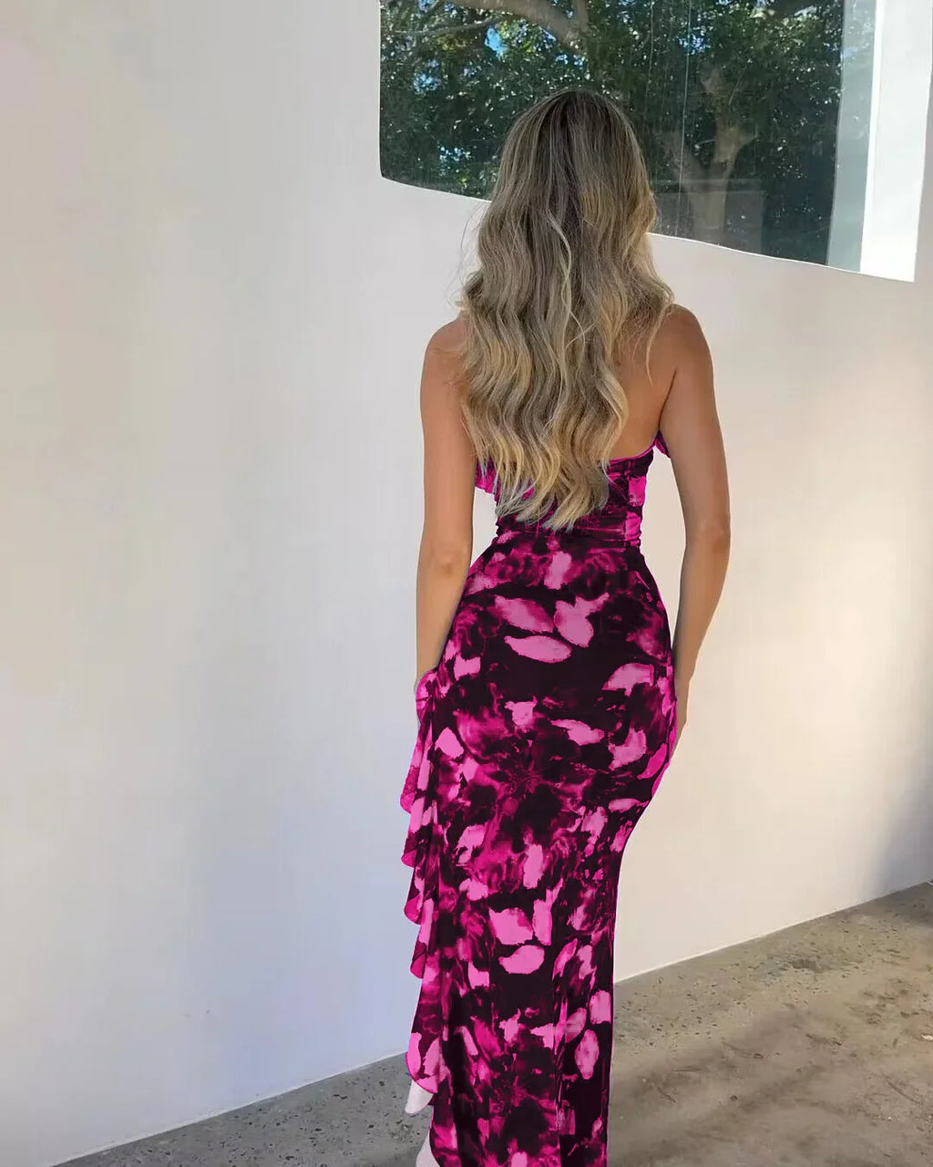 Tie Dye Midi Dress With Lace Up Side Slit Bodycon Ruffles
