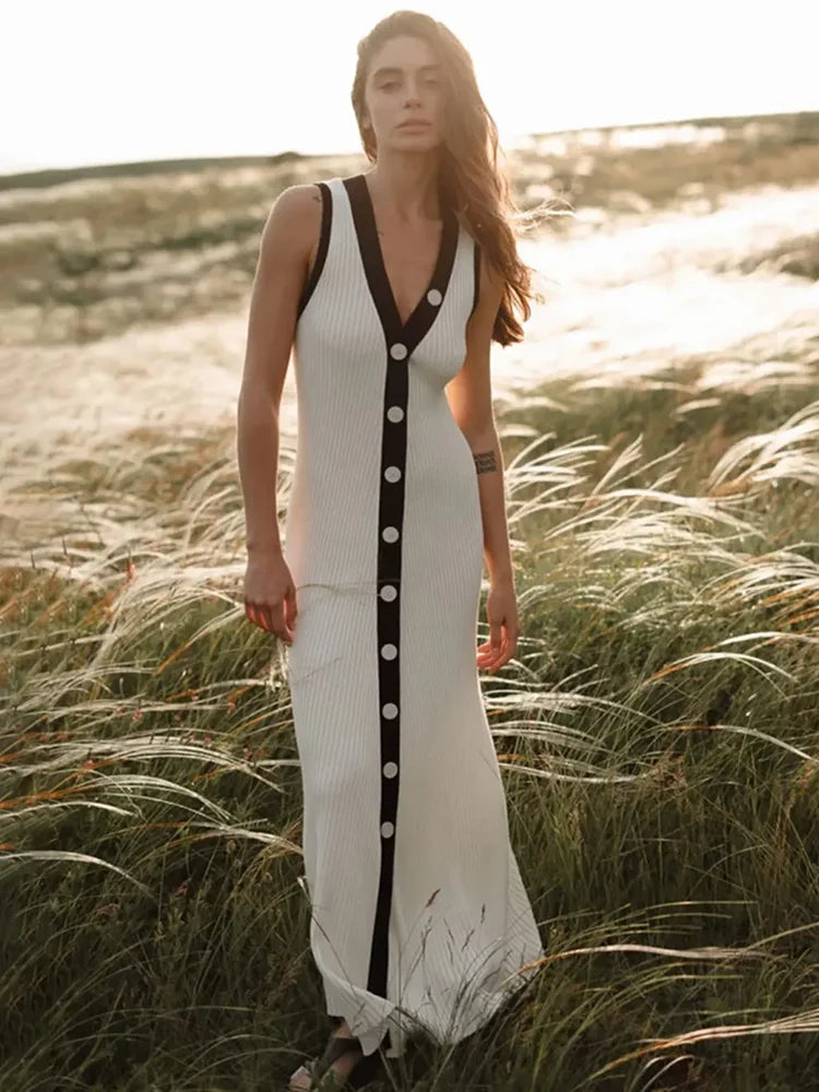 Sleeveless Ribbed Knit Dress V Neck Bodycon Long Dress