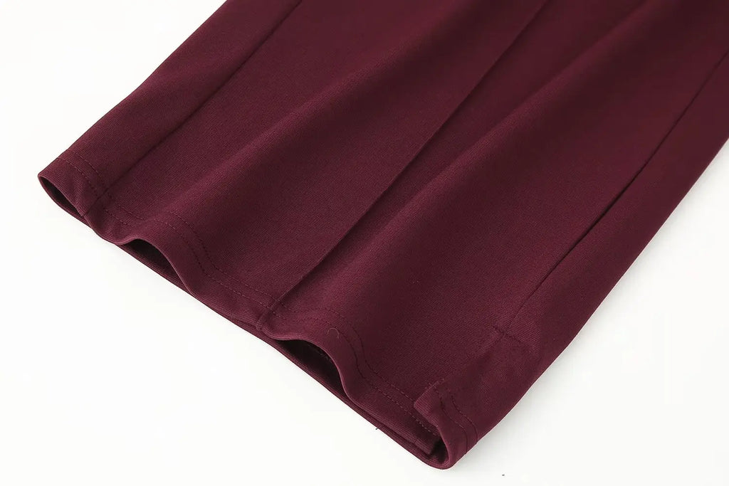 Casual Chic Red Women Elastic Suit with Long Sleeve O Neck Slim Top and High Waist Wide Leg Pants Fashion Set