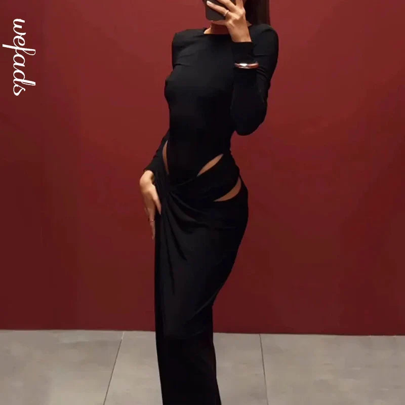 Long Sleeve Hollow Out Evening Dress With Irregular Slit