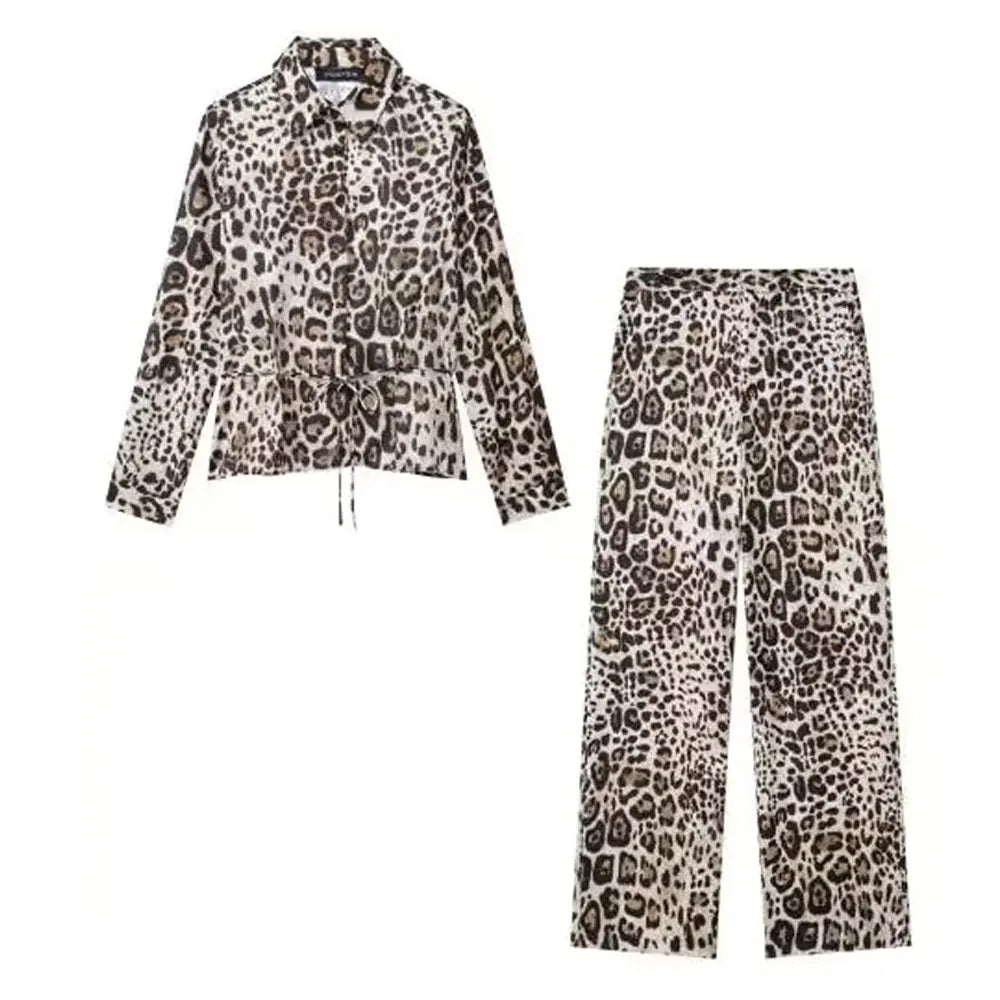 Chic Animal Print Button-Up Shirt and High Waist Zip Pants Set for Women