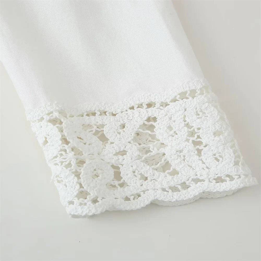 Women White Long Sleeve Blouse and Wide Leg Pants Set with Lace Trim Elegant Design