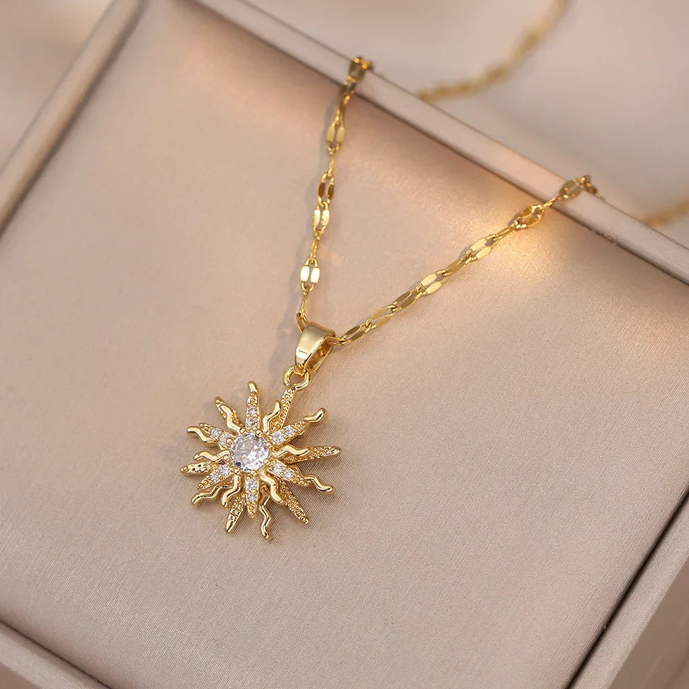 Gold Color Zircon Flower Pendant Necklace for Women Elegant Party Jewelry Gifts