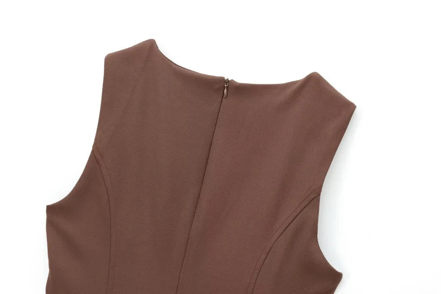 3D Cutout Mini Dress Pleated Skirt Brown Sleeveless