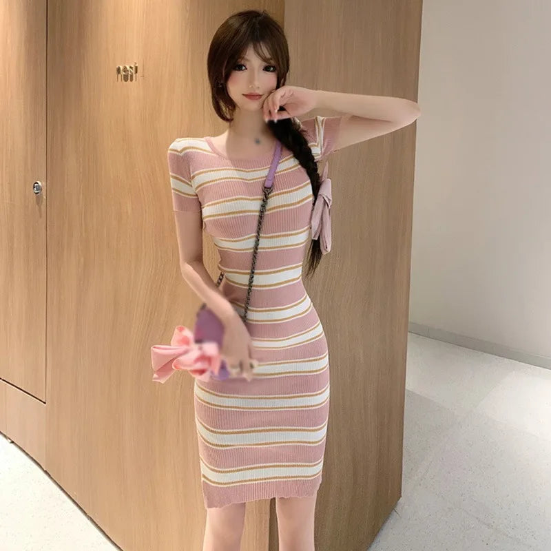 Striped Knit Dress Wrapped Short Hip With Front Slit