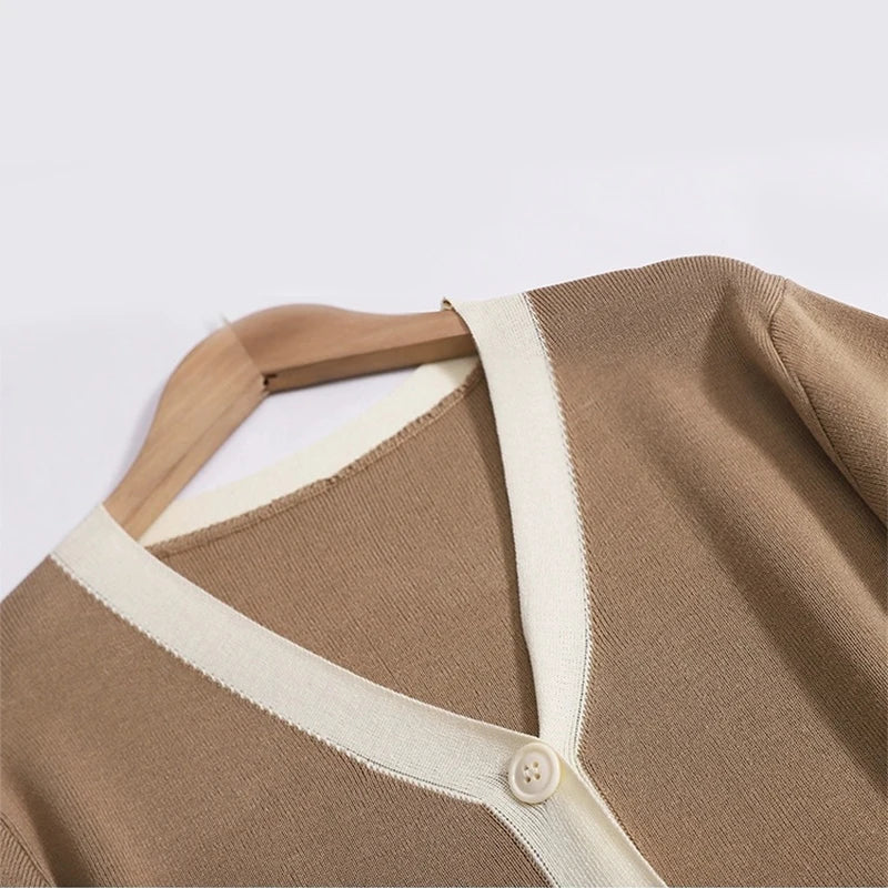 Women Knit V Neck Patchwork Pocket Dress Mid Length Summer