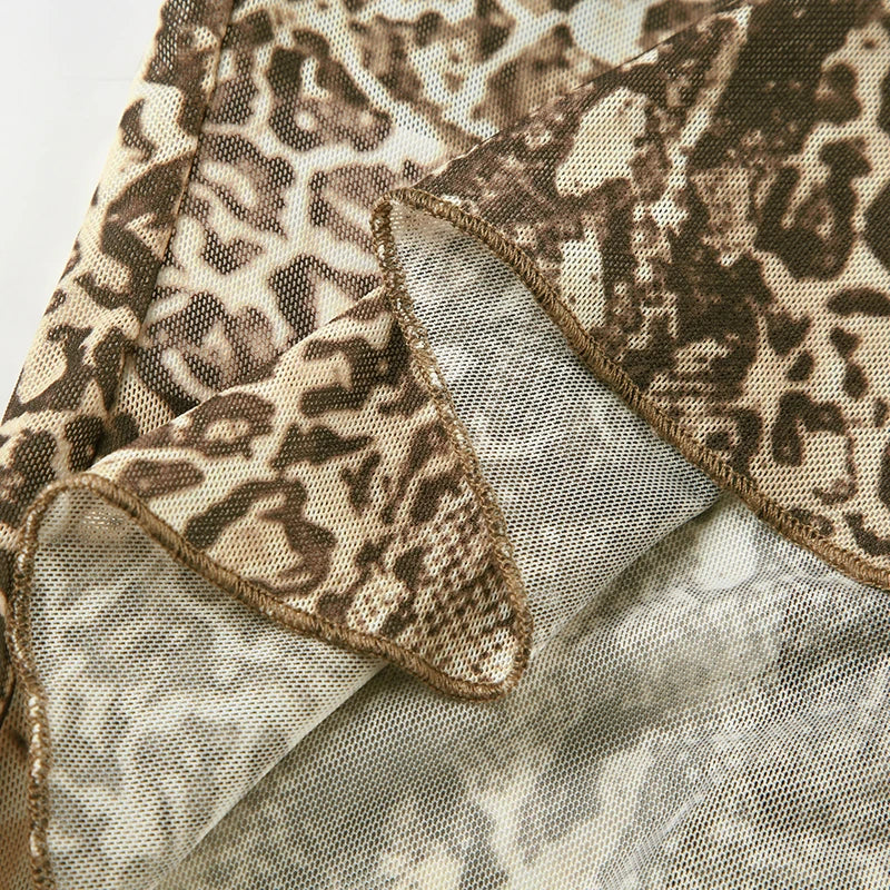 Casual Leopard Fur Trim Sheer Mesh V-Neck Long Sleeve Slim Bandage Blouse for Women