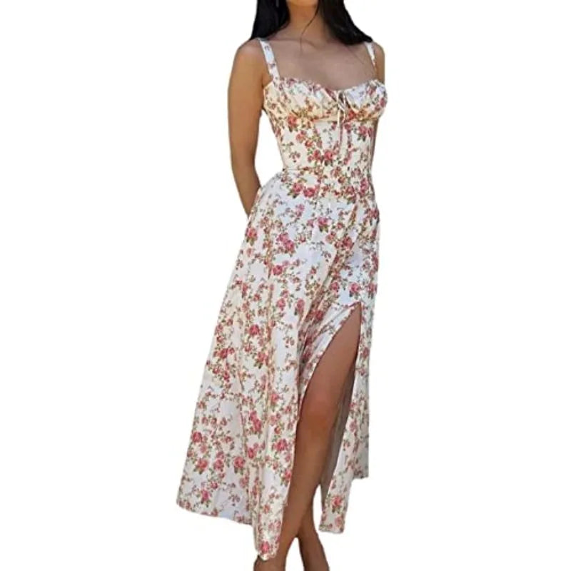 Boho Spaghetti Strap Midi Dress With Tie Front Floral Print