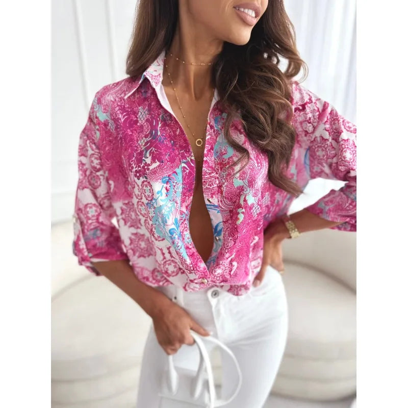 Women's Spring Summer Leisure Print Shirt with Flip Collar Button Down Long Sleeves Elegant Commuter Blouse for Holiday and Party Wear