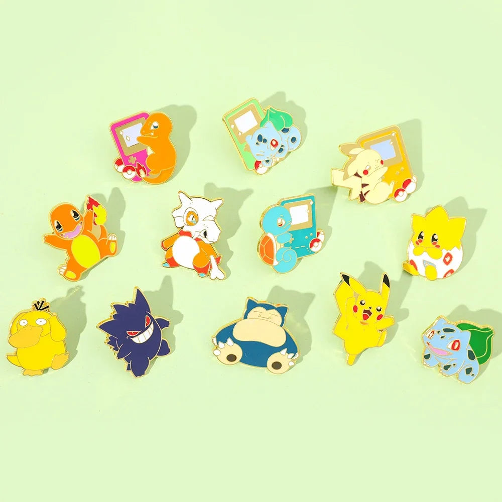 Creative 4 Piece Enamel Brooch Set Featuring Cute Game Console Pikachu Togepi and Charmander Pins for Wallet Backpack and Clothing