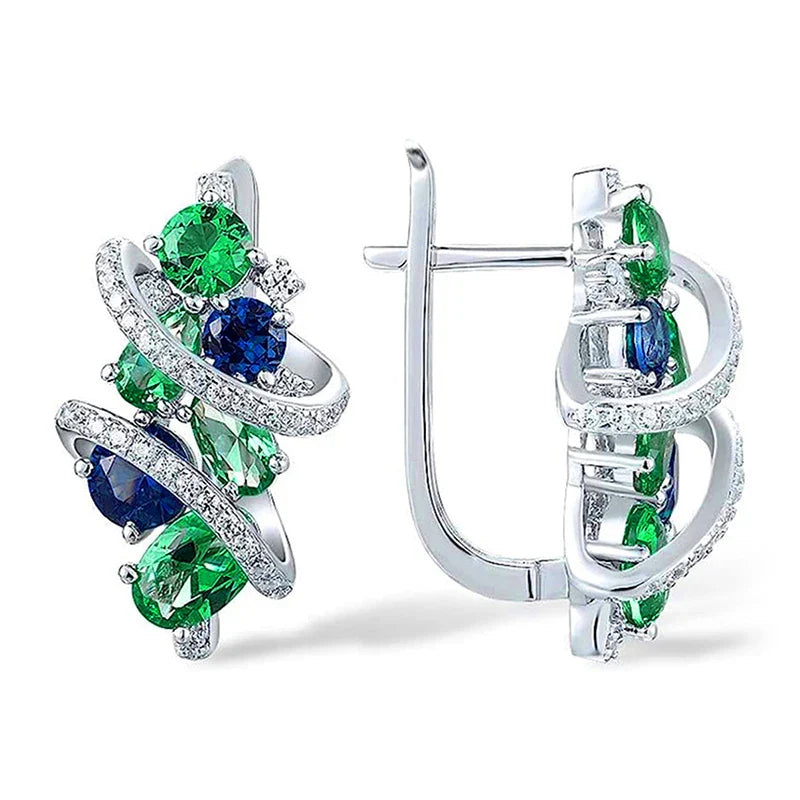 Green and Blue Cubic Zirconia Hoop Earrings for Women Elegant Bridal Wedding Party Jewelry
