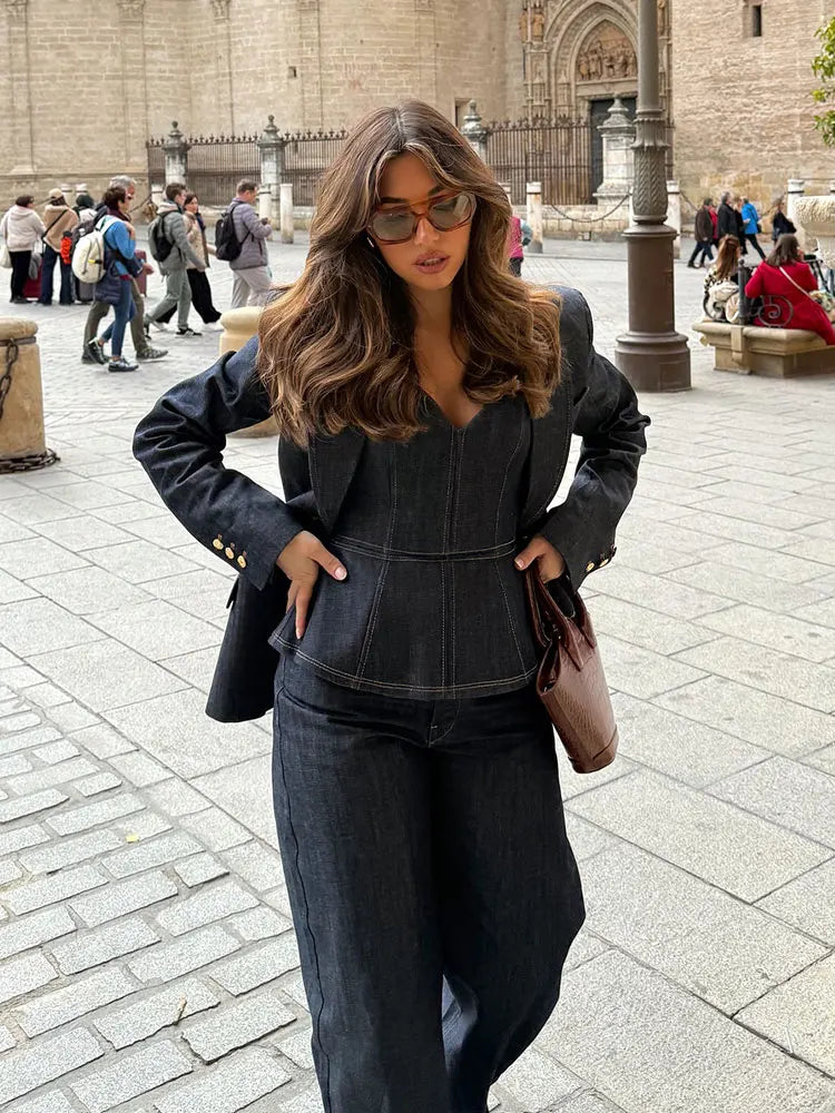 Women's Denim Jacket and Pants Set with Long Sleeve Blazer, Strapless Vest, and Straight Leg Jeans Fashion Outfit