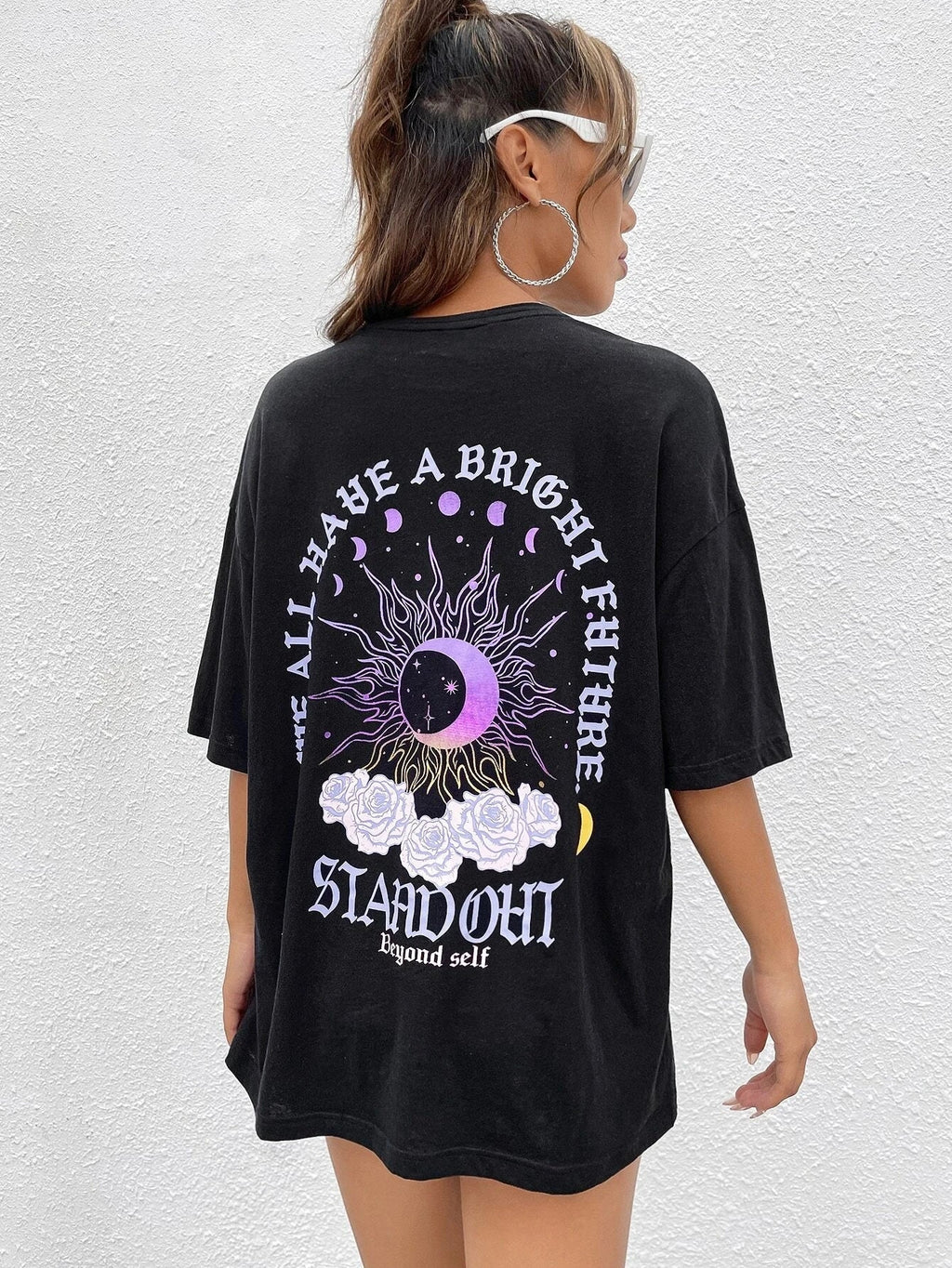 Sun And Moon Graphic Summer T-Shirt for Women Breathable Cotton Casual Short Sleeve O-Neck Tee