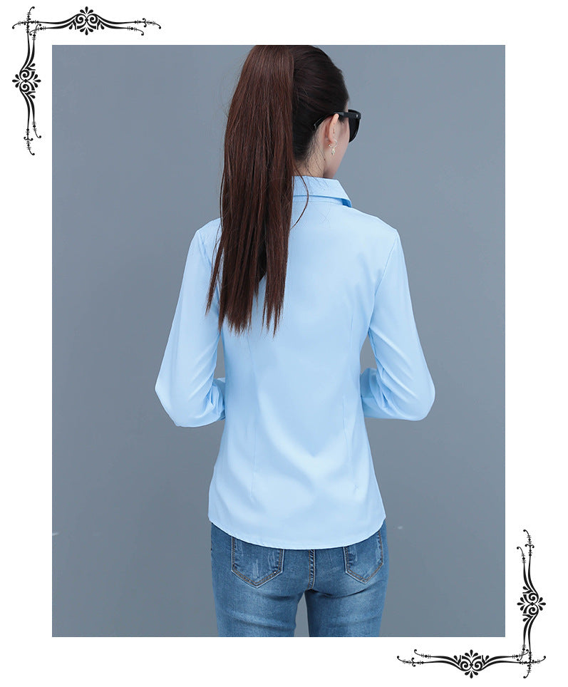 Elegant Slim Fit Blue Long Sleeve Blouse for Women Formal Office Shirt Basic Workwear Top