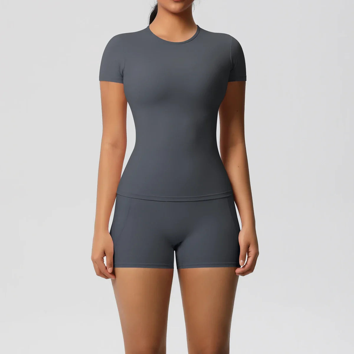 2PCS Women's Yoga Set with Pocketed Shorts and Short Sleeve Crop Top Sports Bra Comfortable Fitness Tracksuit Activewear for Gym and Outdoor Workouts