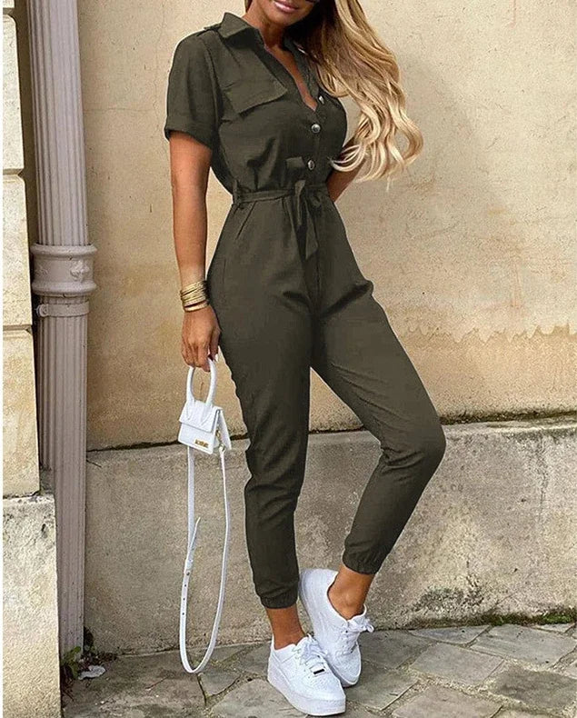 Casual Chic Overalls for Women Lapel Lace-Up Print Belted Work Jumpsuit One-Piece Bodysuit Elegant Long Sleeve Jumpsuit with Stylish Fit