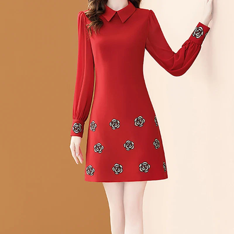 Floral Embroidery Chiffon Dress With Polo Collar For Office