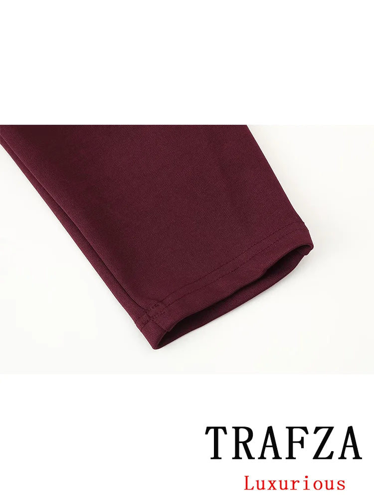 Casual Chic Red Women Elastic Two-Piece Set Long Sleeve Slim O Neck Top with High Waist Wide Leg Pants Stylish Spring Summer Outfit