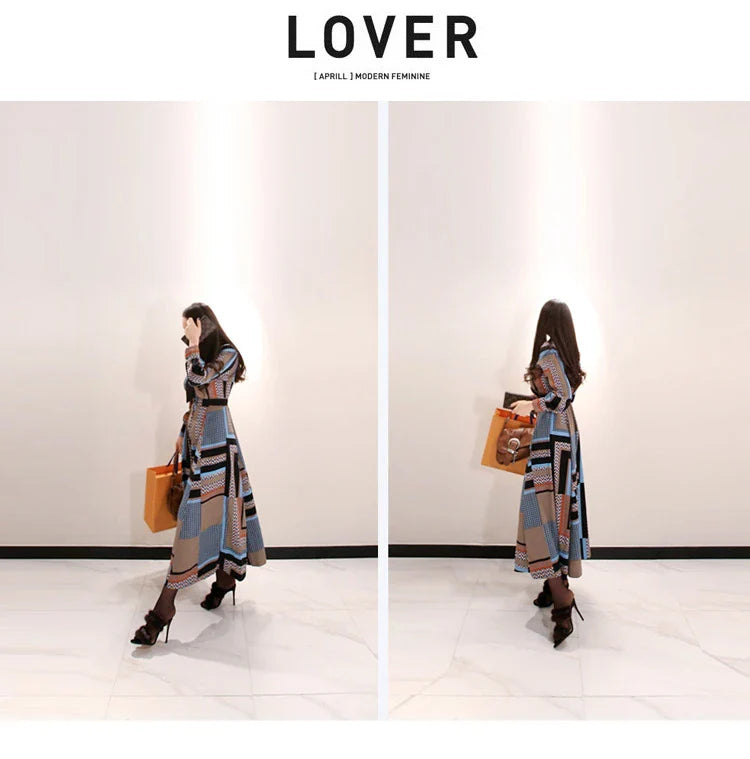 Vintage Print Long Shirt Dress For Women Ankle Length