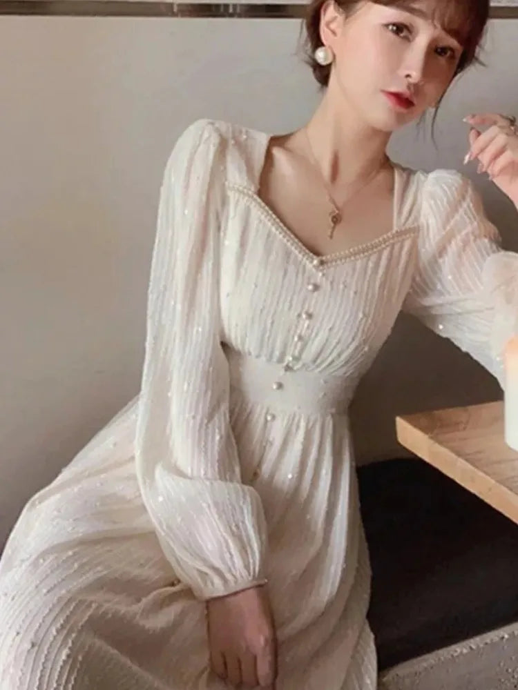 Elegant White Midi Dress For Women Vintage Princess Style