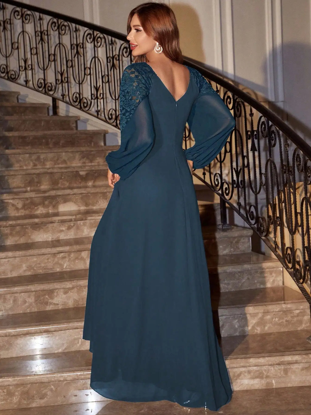 V Neck Chiffon Lace Patchwork Evening Ball Gown For Party