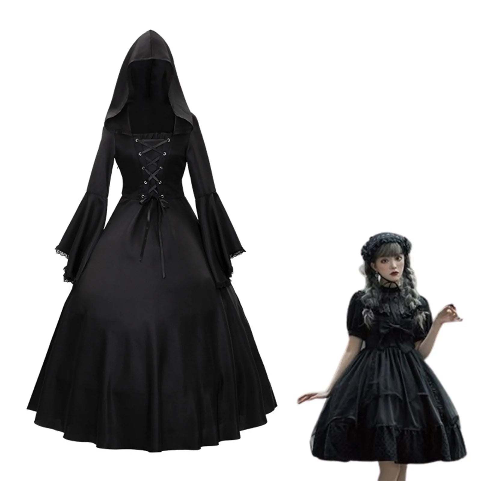 Gothic Hooded Long Sleeve Dress With Lace Flare Sleeves