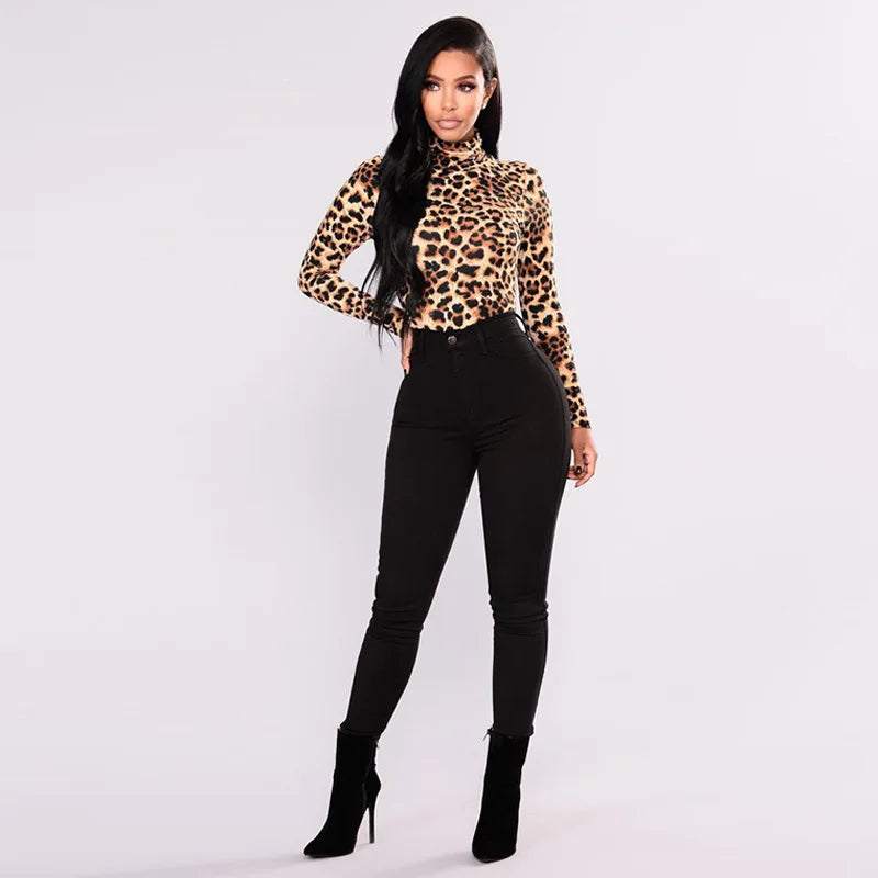 Women Leopard Print Long Sleeve Turtleneck Crop Top Casual Slim Ice Silk Tee