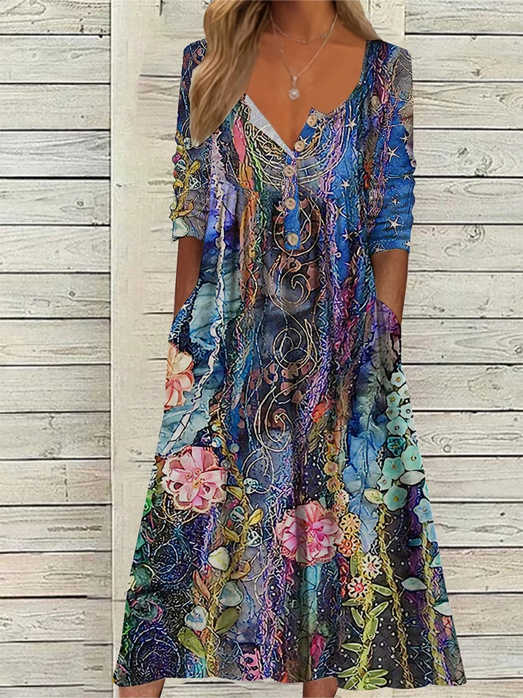 Women's Casual Printed Button Front Long Sleeve Dress